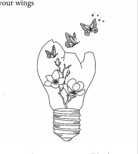 Lightbulb Butterfly Tattoo, Lightbulb With Flowers Inside Tattoo, Broken Lightbulb With Flowers, Lightbulb Tattoo, Light Bulb Drawing, Butterfly Tattoo Stencil, Bottle Tattoo, Plant Tattoo, Spotify Covers