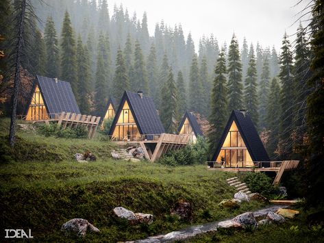 Another cabin in the woods visualization project work by Ideal Arch Visuals. This is a CGI imagery of 5 cabin/single-family houses in a foggy forest, into the mountains. The placement of these houses was intentionally setup on the terrain and designed acc… Triangle House, A Frame House Plans, Desain Lanskap, A Frame House, Building A Shed, Tiny House Cabin, Cabin Life, Forest House, Shed Plans