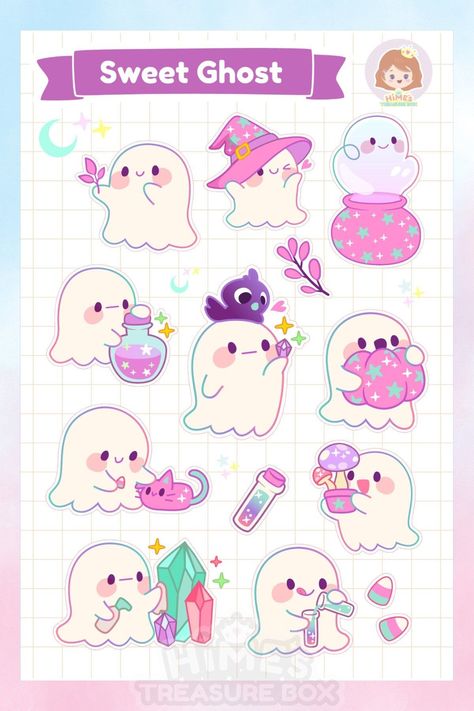 Cute Sweet Ghost sticker sheet for planner, journaling, scrapbooking, and other decoration needs that will not be in contact with water or sunlight. -- Printed on matte vinyl sticker paper (not waterproof). -- Actual product may show color variance depending on personal screen settings. Thank you for checking Hime's Treasure Box! Feel free to message me for any questions or concerns. Stay cute!.#StickerLove #CuteStickers #StickerAddict #StickerObsessed #StickerGoals Kawaii Paper Crafts Template, Sticker Sheets Free Printable, Kawaii Halloween Art, Sticker Sheet Ideas, Planner Decorating Ideas, Cute Stickers Ideas, Cute Ghost Drawings, Cute Stickers Printable, Kawaii Halloween Stickers