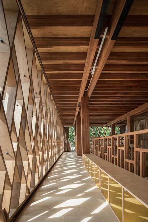 Is This the World's Most Beautiful Library? - Architizer Journal Wooden Construction Architecture, Timber Screens, Studio Architecture, Wooden Facade, Stone Landscaping, House On Stilts, Beautiful Library, Timber Buildings, Central Java