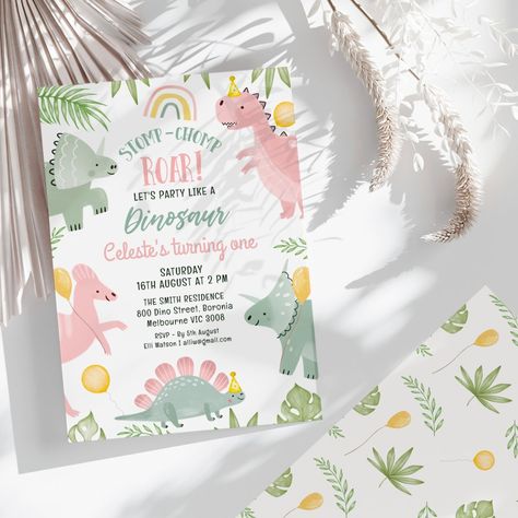 Cute Pink Green Girls Dinosaur 1st Birthday  Invitation Dinosaur 1st Birthday, Dinosaur Printables, Dinosaur Invitations, Dinosaur Birthday Invitations, Girl Dinosaur, 1st Birthday Invitation, Dinosaur Birthday Party, Green Girl, 1st Birthday Invitations