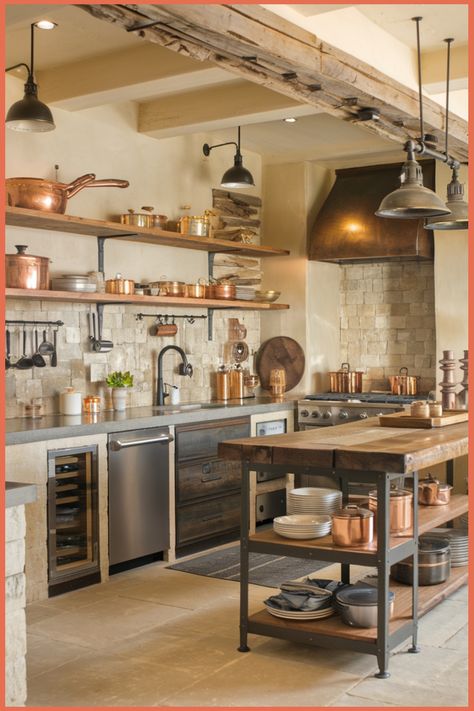 Rustic kitchen with stone walls, wooden shelves, and copper cookware. Modern Rustic Kitchen Design, Kitchen Flooring Trends, Kitchen Tile Inspiration, Kitchen Design Rustic, Kitchen Open Shelving, Modern Rustic Kitchen, Rustic Industrial Kitchen, Industrial Chic Kitchen, Ensuite Bathroom Designs