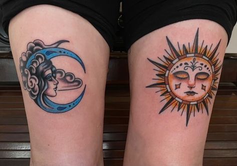 American Traditional Tattoos Sun And Moon, Sun And Moon Trad Tattoo, Sun And Moon Calf Tattoo, Traditional Style Moon Tattoo, Sun And Moon American Traditional Tattoo, Old School Sun Tattoo, Sun And Moon Tattoo Color, Sun And Moon Traditional Tattoo, Sun Traditional Tattoo