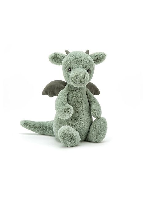 Bashful Dragon is a fierce little friend, with plenty of  attitude! With supersoft fur in pale sage green, suedey horns and a  long, squidgy tail, this brilliant beastie is pretty fantastic. We love  those neat little contrast wings, chunky feet and fine flap                              Safety & Care Tested to and Jellycat Toys, Pale Sage Green, Jellycat Bashful, Jelly Cat, Dragon Silhouette, Pet Dragon, Prams And Pushchairs, Soft Teddy Bear, Little Dragon