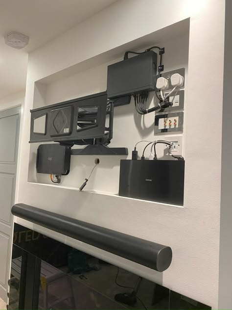 Flush Media Wall, Tv And Sound Bar Mounted, Hidden Tv Wires, Surround Sound Living Room, Hide Tv Cable, Hide Tv Cables, Mounting A Tv, Landing Decor, Minimalist Small Bathrooms