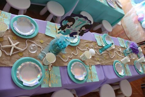 Mermaid Birthday Party Table Set Up, Mermaid Party Cake Table, Mermaid Table Set Up, Mermaid Party Table Decor, Mermaid Table Decor, Mermaid Table Decorations, Mermaid Themed Birthday Party, Mermaid Birthday Party Ideas, Party Cake Table