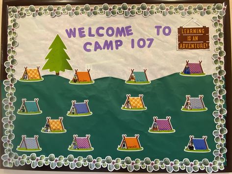 Campsite Classroom, Camping Classroom Door, Camping Bulletin Board Ideas, Camping 2023, August Bulletin Boards, Camping Bulletin Boards, Forest Theme Classroom, Bulletin Board Sayings, Bulletin Boards Theme