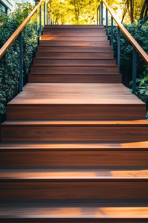 Why settle for plain stairs when you can have a stunning landing? I’m obsessed with this wooden deck stair landing paired with a polished stone pathway—it’s both practical and gorgeous. The built-in lights add elegance and safety, making it perfect for evening gatherings. Don’t miss out on these ideas to enhance your outdoor stair game. Deck Stairs Landing, Stair Ideas, Wooden Deck, Stair Landing, Deck Stairs, Stone Pathway, Outdoor Stairs, Wooden Decks, Stairs Design