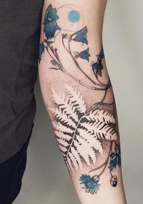 Love Fern Tattoo, Negative Space Tatoos, Negative Fern Tattoo, Fern Forearm Tattoo Women, Negative Space Fern Tattoo, Landscape Arm Tattoo, Flower Thigh Sleeve Tattoo, Feminine Forest Tattoo, Joanna Swirska Tattoos