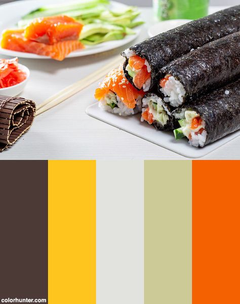 Sushi Color Pallete, Sushi Colour Palette, Ingredients For Sushi, Food Color Palette, Procreate Pallets, Food Colors Palette, Sushi Logo, Sushi Ingredients, Korean Street Food