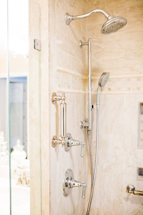 Quality polished nickel shower fixtures are one of the simple luxuries that make life better. Here are more smart New Year's Resolutions for your home! Polished Nickel Bathroom Fixtures, Nickel Bathroom Fixtures, Chrome Shower Fixtures, Polished Nickel Bathroom, Marble Bathroom Floor, Master Bath Renovation, Nickel Bathroom, Bath Renovation, Glass Shower Enclosures