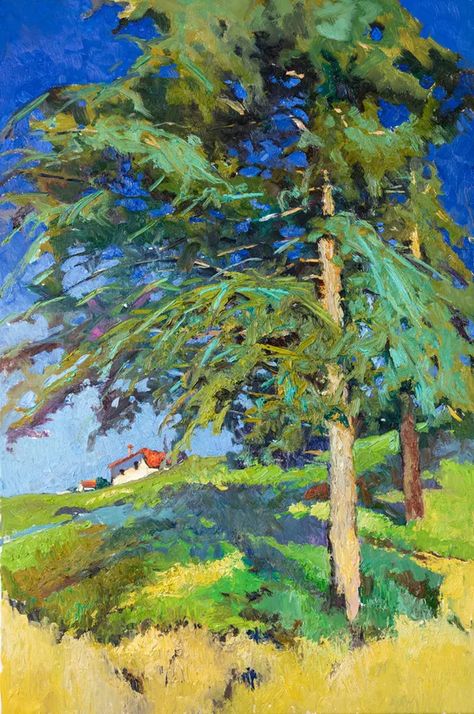 Landscape, sea and sky art | Artfinder Suren Nersisyan, Oil Painting Trees, Pine Tree Painting, Pine Tree Art, Countryside Paintings, American Impressionism, Tree Paintings, Cedar Tree, Live Oak Trees