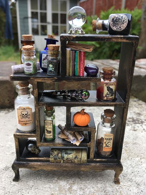 Diy Miniature Witch House, Miniature Witch Room, Potions Shelf, Witches Shelf, Miniature Witch House, Miniature Potion Bottles, Miniature Altar, Potion Shelf, Magic Shelf