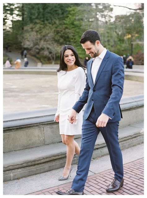 Blue Suit Engagement Photos, Suit Engagement Photos, Blue And White Engagement Photos, Pink And Blue Engagement Photos, Fountain Photoshoot, Central Park Engagement Shoot, Groom Blue Suit, Brooklyn Heights Engagement Photos, Bethesda Fountain