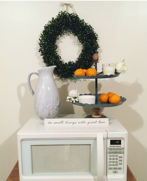 Top Of Microwave Decor, Microwave Decor, Apartment Deco, Microwave Stand, How To Decorate, How To Style, Tiered Tray, Room Decoration, Decoration Ideas