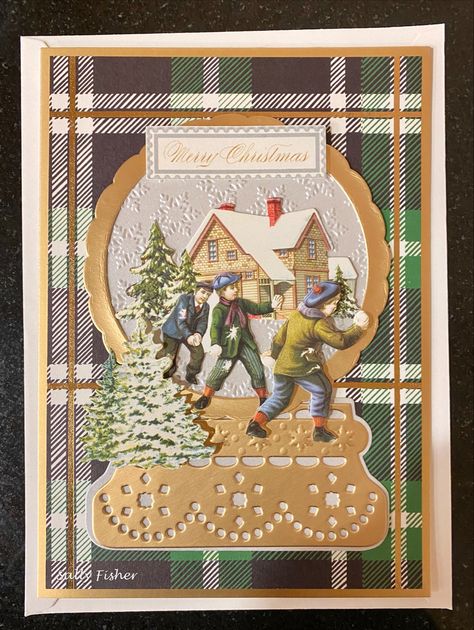 Christmas card created with Anna Griffin snow globe dies, Christmas plaid card stock and mini die cuts. Anna Griffin Snow Globe Cards, Anna Griffin Christmas, Anna Griffin Christmas Cards, Christmas Globes, Anna Griffin Cards, Christmas Snow Globes, Christmas Plaid, Paper Creations, Easel Cards