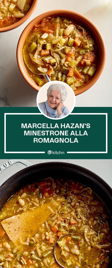 A Review of Marcella Hazan's Minestrone alla Romagnola | The Kitchn Canned Plums, Marcella Hazan, Penne Alla Vodka, Minestrone Soup Recipe, Parmesan Rind, Alla Vodka, Recipes Authentic, One Dish Dinners, Feel Good Food