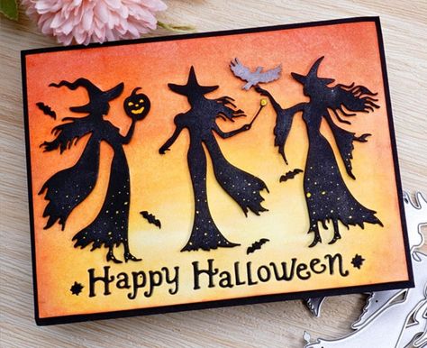 Kokorosa Cards, 3 Witches, Halloween Cards Diy, Halloween Cards Handmade, Halloween Words, Whimsy Stamps, Homemade Halloween, Beautiful Greeting Cards, Sewing Party