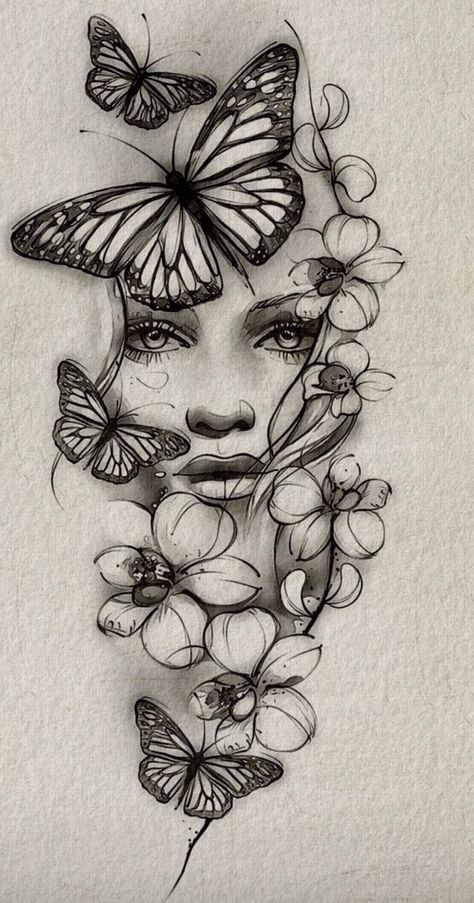 Alpha Woman Tattoo, Thigh Tattoos Women Drawing, Womans Leg Tattoo Ideas, Unique Quarter Sleeve Tattoos For Women, Face With Butterfly Tattoo, Unique Half Sleeve Tattoos For Women Lower Arm, Woman Face Tattoo Design Drawings, Stencil Tattoo Ideas For Women, Butterfly Woman Tattoo