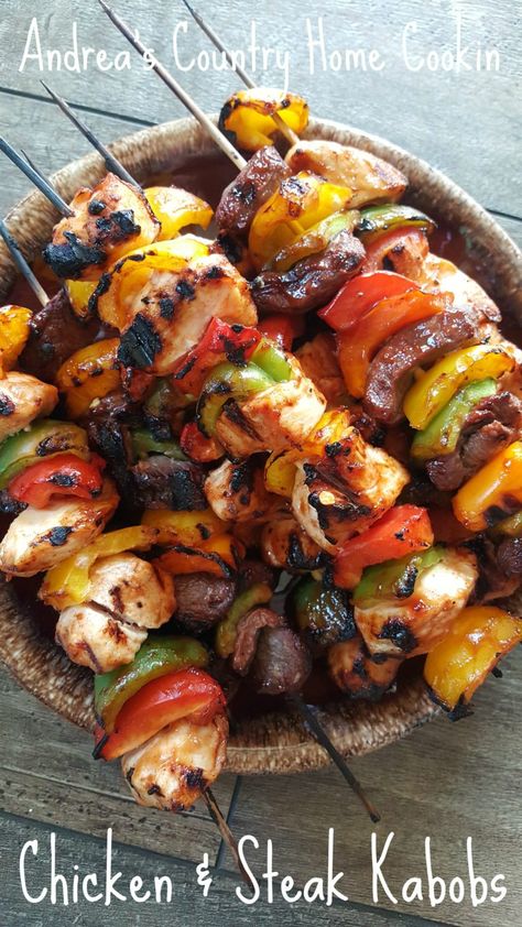 Chicken and Steak Kabobs - Andrea's Country Home Cookin Yogurt Chicken Kabobs, Kebab Marinade, Kabob Marinade Recipes, Chicken Kabob Marinade, Kabob Sticks, Chicken Kabob Recipes, Vegetable Kabobs, Grilling Kabobs, Steak Kabobs