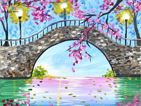 "Cherry Blossom Bridge" Members Tutorial For April 2021 - Step By Step Painting With Tracie Kiernan Bridge Painting, Cubism Art, Acrylic Painting Lessons, Create Canvas, Summer Painting, Canvas Painting Designs, Art Painting Gallery, Canvas Painting Diy, Acrylic Painting Tutorials