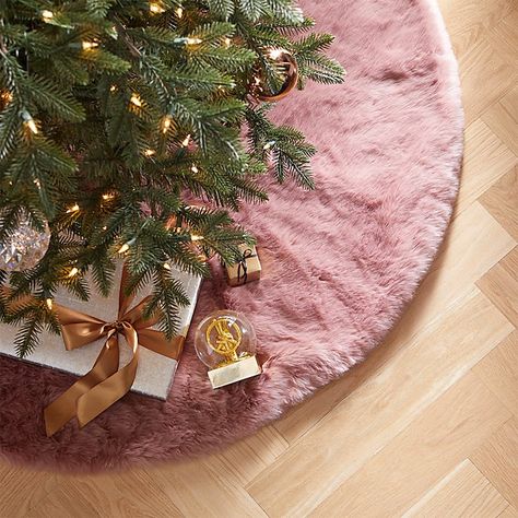 48" Faux Fur Dusty Rose Tree Skirt | CB2 Fur Tree Skirt, Tree Collar Christmas, Modern Christmas Stocking, Silver Tree Topper, Faux Fur Tree Skirt, Sequin Ornaments, Modern Christmas Ornaments, Rose Tree, Fur Tree