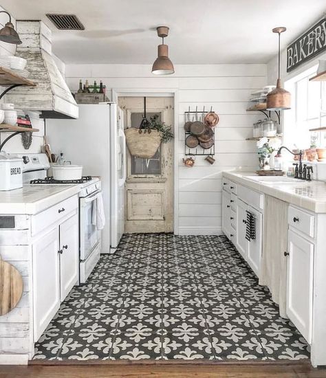 a modern farmhouse galley kitchen with white cabinets, blakc hardware, a mosaic floor and a wooden hood Farmhouse Kitchen Island, Farmhouse Kitchen Design, Rustic Farmhouse Kitchen, Galley Kitchen, Tile Flooring, Farmhouse Kitchen Decor, White Cabinets, Farmhouse Design, Design Case