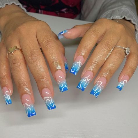 Trendy Holiday Nails Summer, Blue Acrylic Nail Designs Ideas, Festival Nails Blue, Bright Blue Nails Acrylic, Blue Festival Nails, Light Blue Nail Ideas Short, Rave Nails Short, Blue Holiday Nails Summer, Dark Blue And Light Blue Nails