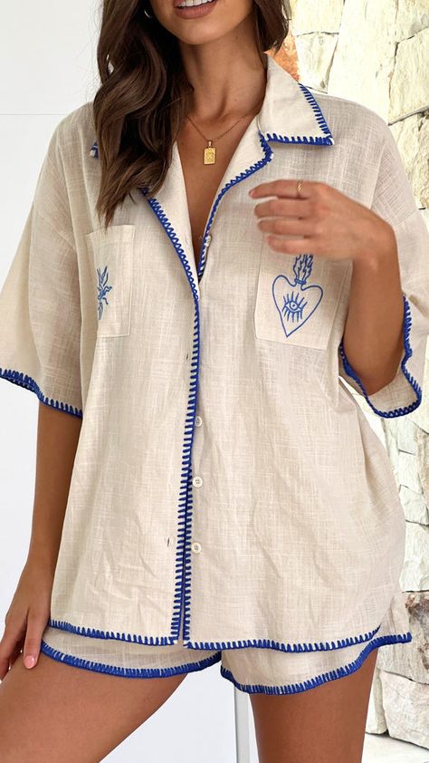 Mulani Button Up Shirt and Shorts Set - Beige/Blue - Buy Women's Sets - Billy J Beige Set Outfit, Shirt And Shorts Set, Shirt And Shorts, Women Set, Contrast Stitch, Shorts Set, Button Up Shirt, High Waisted Shorts, Cotton Shorts