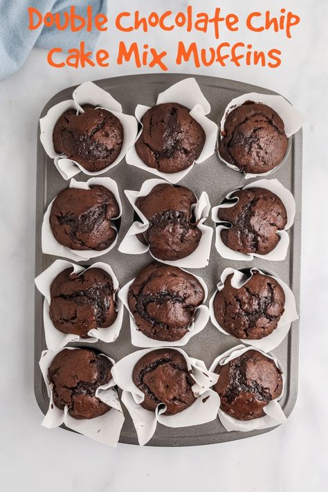 I wish every morning started with a double dose of chocolate deliciousness! These cake-like muffins will have you smitten they minute they come out of the oven.  via @cmpollak1 Cake Mix Chocolate Chip Muffins, Double Chocolate Chip Cake, Chocolate Chip Muffin Mix, Chocolate Chip Muffins Recipe, Cake Mix Muffins, Pumpkin Muffins Easy, Mix Chocolate, Double Chocolate Muffins, Chocolate Chip Cake