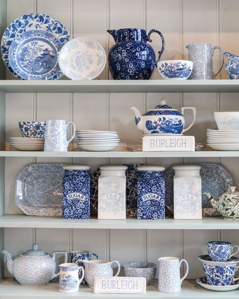 Victoria Magazine’s Instagram profile post: “From the delicate pastel shadings of Asiatic Pheasants to the cheerful cobalt flowers of Blue Calico, @burleighpottery's distinctive…” Burleigh Pottery, Hutch Display, Victoria Magazine, Farmhouse Outdoor, Blue Dishes, Blue White Decor, Blue Cottage, White Dresser, White Dishes