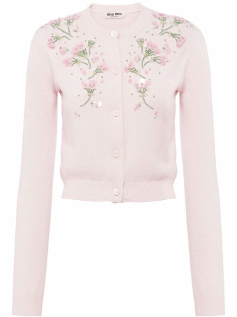 Miu Miu floral-embellished Cashmere Cardigan - Farfetch Miu Miu Dress, Perfect Cardigan, Floral Cardigan, Pink Cardigan, Pink Outfits, Girly Fashion, Cashmere Cardigan, Knitwear Women, Couture Fashion