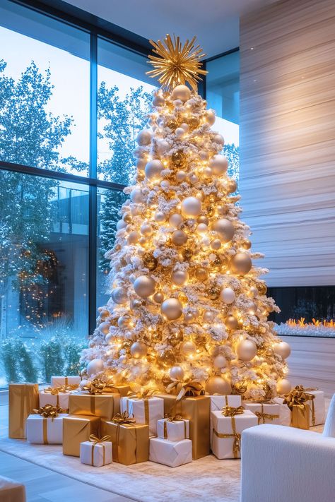 gold silver and white christmas tree with gold decorations Gold White And Silver Christmas Trees, Golden White Christmas Tree, Elegant Xmas Trees, White Silver And Gold Christmas Tree, Christmas Decor Ideas White And Gold, White Gold Silver Christmas Tree, Christmas Tree With Gold Decorations, White Christmas Tree Ideas Color Schemes, Christmas Tree With Gold Ornaments