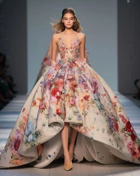 Floral cancan beautiful outfits 💫 #instagram #fashion #summer #instadaily Floral Theme Outfit, Premier Dresses, Evening Gown Ideas, Premier Dress, Draping Design, Floral Gowns, Emerald Fashion, Artsy Clothes, Floral Wedding Dresses