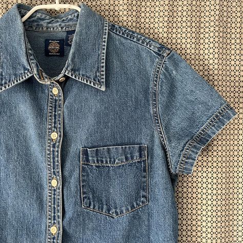 Blue denim button down shirt, short sleeves. Vintage... - Depop Denim Short Sleeve Shirt Outfit, Short Sleeve Denim Shirt Outfit, Short Sleeve Shirt Outfit, Denim Short Sleeve Shirt, Denim Shirt Outfit, Short Sleeve Denim Shirt, Denim Button Down Shirt, Boat Cruise, Denim Button Down