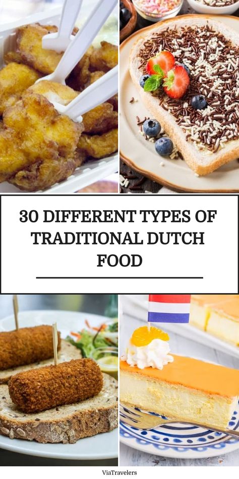 A collage of traditional Dutch foods with text overlay, featuring fried snacks, a sprinkled bread treat, a meat and bread dish, and a slice of orange cake. Dutch Food Recipes, Dutch Breakfast, Dutch Cuisine, Dutch Pancakes, Dutch Food, Ethnic Diversity, Indonesian Cuisine, Dutch Recipes, Fish And Meat