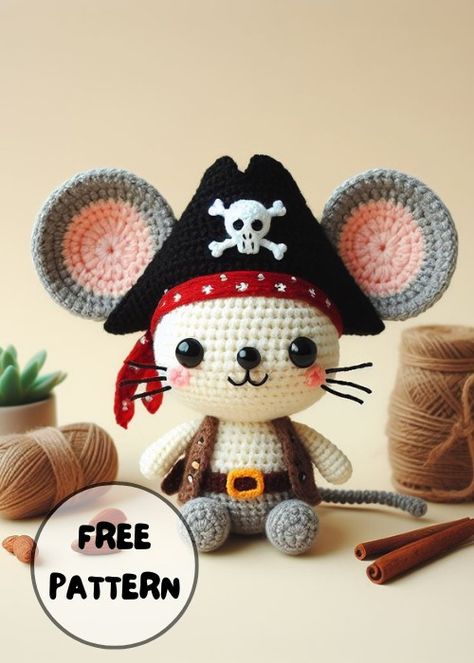 Pirate Crochet Patterns Free, Crochet Pirate Hat, Crochet Stuffys, Crochet Pirate, Crochet Mice, Plush Crochet Pattern, Mouse Amigurumi, Tiny Toys, Doll Amigurumi Free Pattern