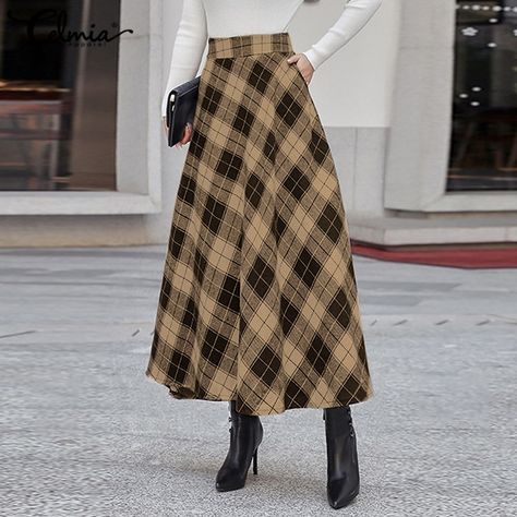 Plaid Long Skirt, Long Plaid Skirt, Leaf Skirt, Plaid Party, Khaki Skirt, Womens Maxi Skirts, Elegant Skirt, Printed Maxi Skirts, Plaid Fashion