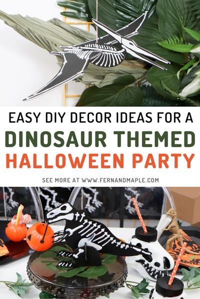 Get step-by-step instructions for creating easy DIY Dinosaur Themed Halloween decor, including backdrop props, centerpieces, and tableware! Perfect for a pre-trick-or-treating party for kids. Get all of the details now at fernandmaple.com! Dinosaur Halloween Birthday Party, Dinosaur Party Backdrop Ideas, Dinosaur Halloween Party, Dinosaur Halloween Decorations, Dinosaur Diy Decor, Diy Dinosaur Decor, Spooky Dinosaur, Halloween Party Ideas Decorations, Themed Halloween Party