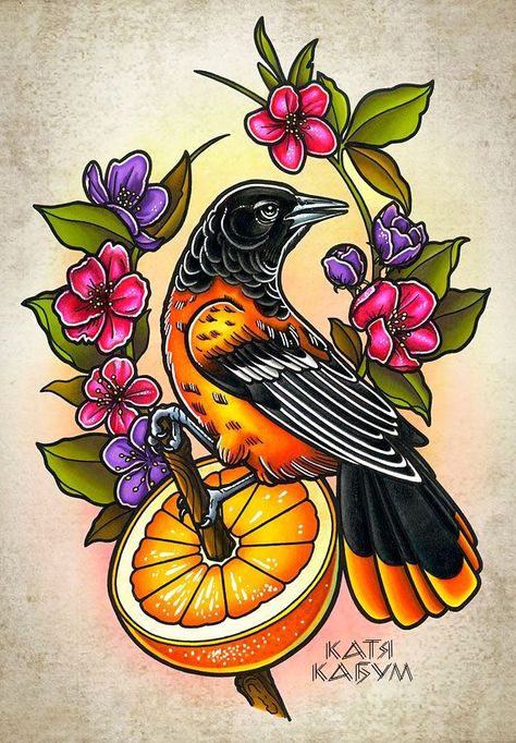 Baltimore Orioles Tattoo, Oriole Tattoo, Orioles Tattoo, Barn Owl Tattoo, Tier Tattoo, Vintage Tattoo Design, Baltimore Oriole, Tattoo Color, Sketch Tattoo