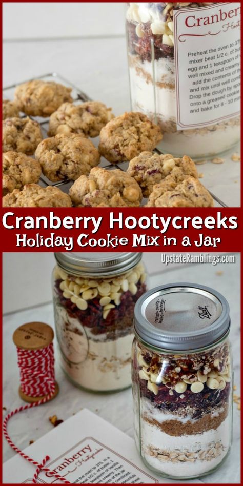 These pretty Cranberry Hootycreeks make a welcome holiday cookies in a jar gift for family and friends. They combine white chocolate chips, dried cranberries and chopped pecans to give a seasonal twist to traditional oatmeal cookies. Printable Label included! #cookies #holidaybaking #cranberries #cookiesinajar #DIYgiftideas #christmascookies Cookies In A Jar Gift, Cookies In A Jar, Homemade Food Gifts, Chocolate Oatmeal, Roll Cookies, Drop Cookies, Cookie Mix, Jar Gifts, Cookies Recipes Christmas