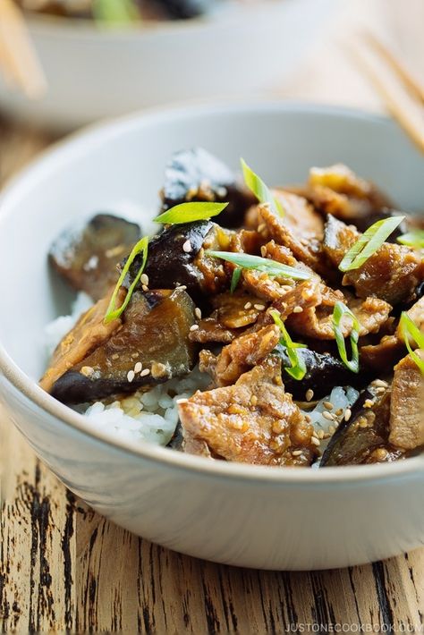 Miso Pork and Eggplant Stir Fry Over Steamed Rice. Simple and easy weeknight meal! #miso #stirfry #dinner #JapaneseFood #AsianFood 豚と茄子の味噌炒め | Easy Japanese Recipes at JustOneCookbook.com Stir Fry Over Rice, Miso Pork, International Meals, Basic Foods, Asian Pork Recipes, Eggplant Stir Fry, Deep Fried Tofu, Slow Carb, Easy Japanese Recipes