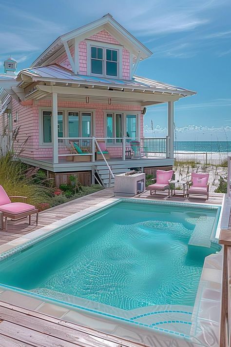 Pastel Beach House Exterior, Preppy House Outside, Pink Beach House Exterior, Pink Pool Aesthetic, Pink Swimming Pool, Beachy Backyard, Pink Beach House, Beach House Backyard, Dream Beach House