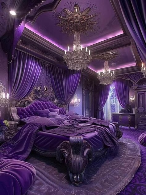 Gothic Victorian Interior Design, Purple Gothic Bedroom, Lilac Bedroom, Purple Bedroom Decor, Castle House Design, Purple Furniture, Purple Room Decor, Royal Room, Royal Bedroom