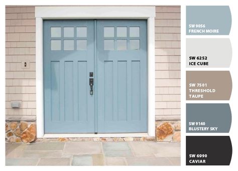 ColorSnap by Sherwin-Williams – ColorSnap by landparkrose Light Blue Door Color, Sherwin Williams Front Door Colors, Outdoor House Colors, Beach House Paint Colors, Painted Brick House Exterior, Exterior Garage Door, Stucco Paint, Cottage House Exterior, Garage Door Colors