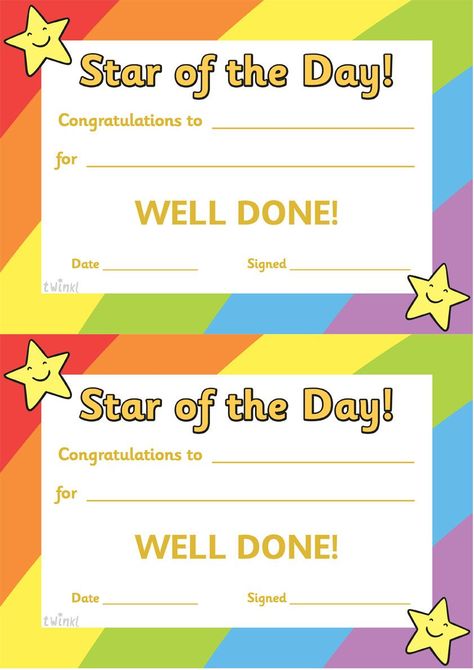 Twinkl Resources >> Star of the Day A4 Poster  >> Classroom printables for Pre-School, Kindergarten, Elementary School and beyond! Awards, Certificates, Posters, Signs and Labels Star Of The Day Poster Ideas, Star Of The Week Certificate, Funny Certificates, Preschool Certificates, Classroom Awards, Congratulations Photos, Student Certificates, Student Of The Week, Student Of The Month