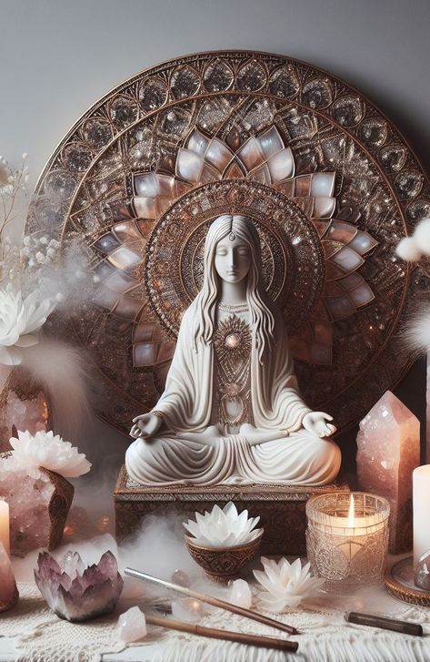 Spiritual Room Decor Ideas, Crystal Meditation Aesthetic, Conscious Living Aesthetic, Home Altar Ideas Spiritual, Tarot Room Decor, Zen Decorating Ideas, Chakra Aesthetic, Moon Goddess Aesthetic, Spiritual Aesthetic Room