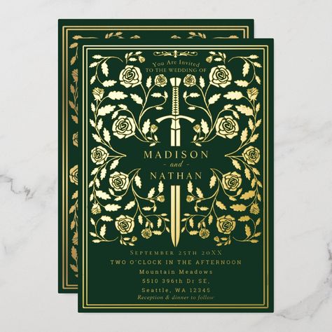 Medieval Wedding Theme, Zelda Wedding, Frame Flowers, Invitation Examples, Medieval Wedding, Swords Medieval, Foil Wedding Invitations, Fantasy Wedding, Foil Invitations