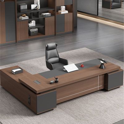 High-end aluminum alloy groove design, elegant aesthetic feeling | Hokku Designs 2 Piece L-Shape Executive Desk Office Set w / Chair Wood in Brown | Wayfair Executive Desk Office, Manager Desk, Groove Design, Desk And Chair, Chair Wood, Desk And Chair Set, Elegant Aesthetic, Desk Office, Office Set