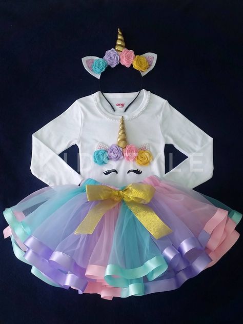 Baby Girl Frock Designs, Unicorn Birthday Party Cake, Unicorn Birthday Outfit, Unicorn Themed Birthday Party, Rainbow Birthday Cake, Baby Birthday Themes, Unicorn Outfit, Baby Blessing, Queen Birthday